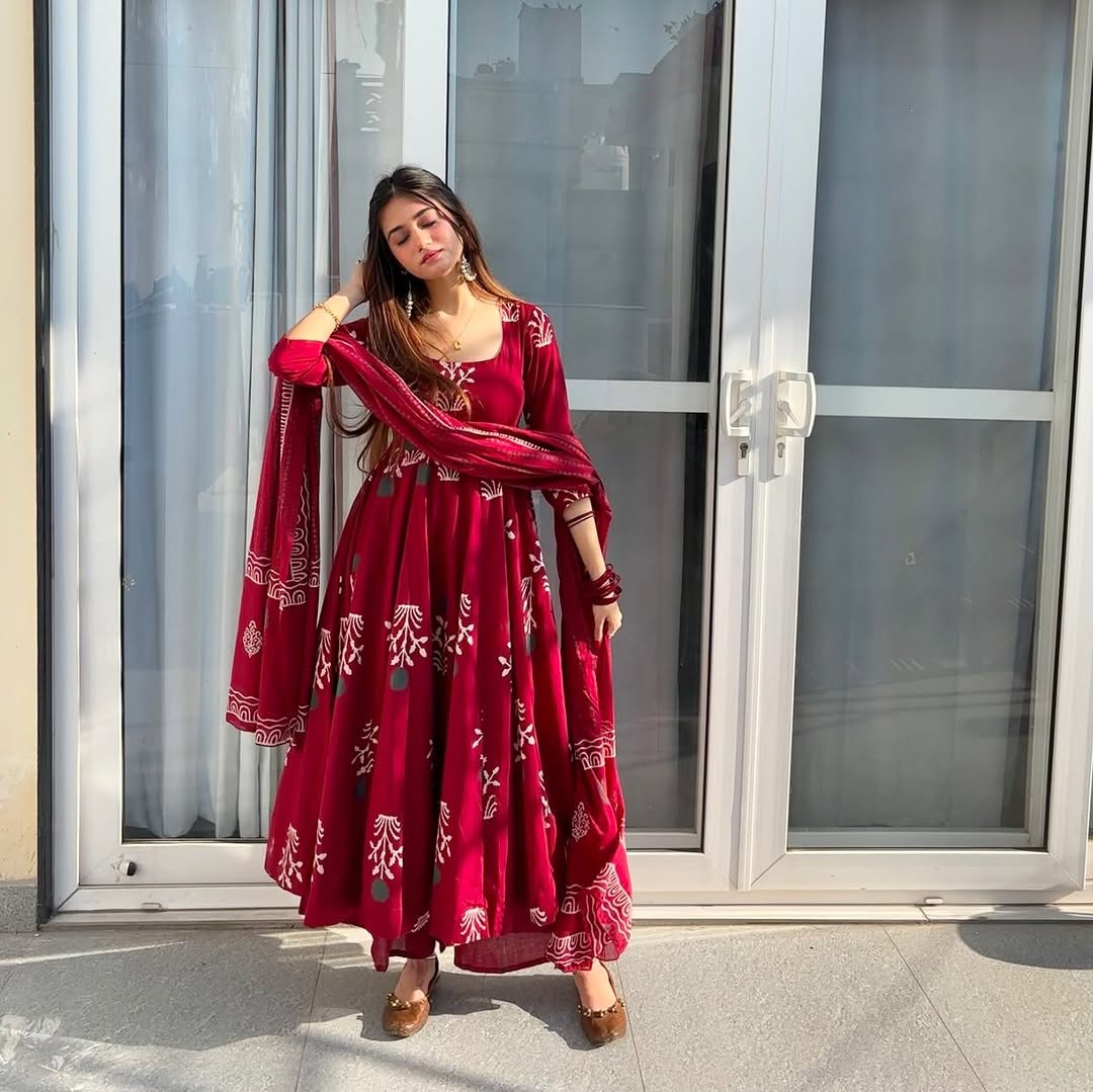 Maroon Block Print Flared Anarkali Kurta Set with Dupatta