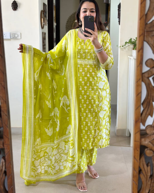Teal Blue and White Ikat Print Straight Kurta Set with Dupatta