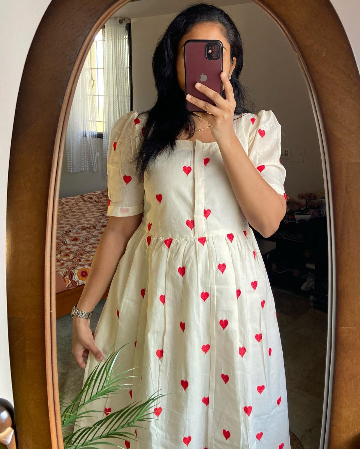 White Cotton Midi Dress with Red Embroidered Hearts and Puff Sleeves