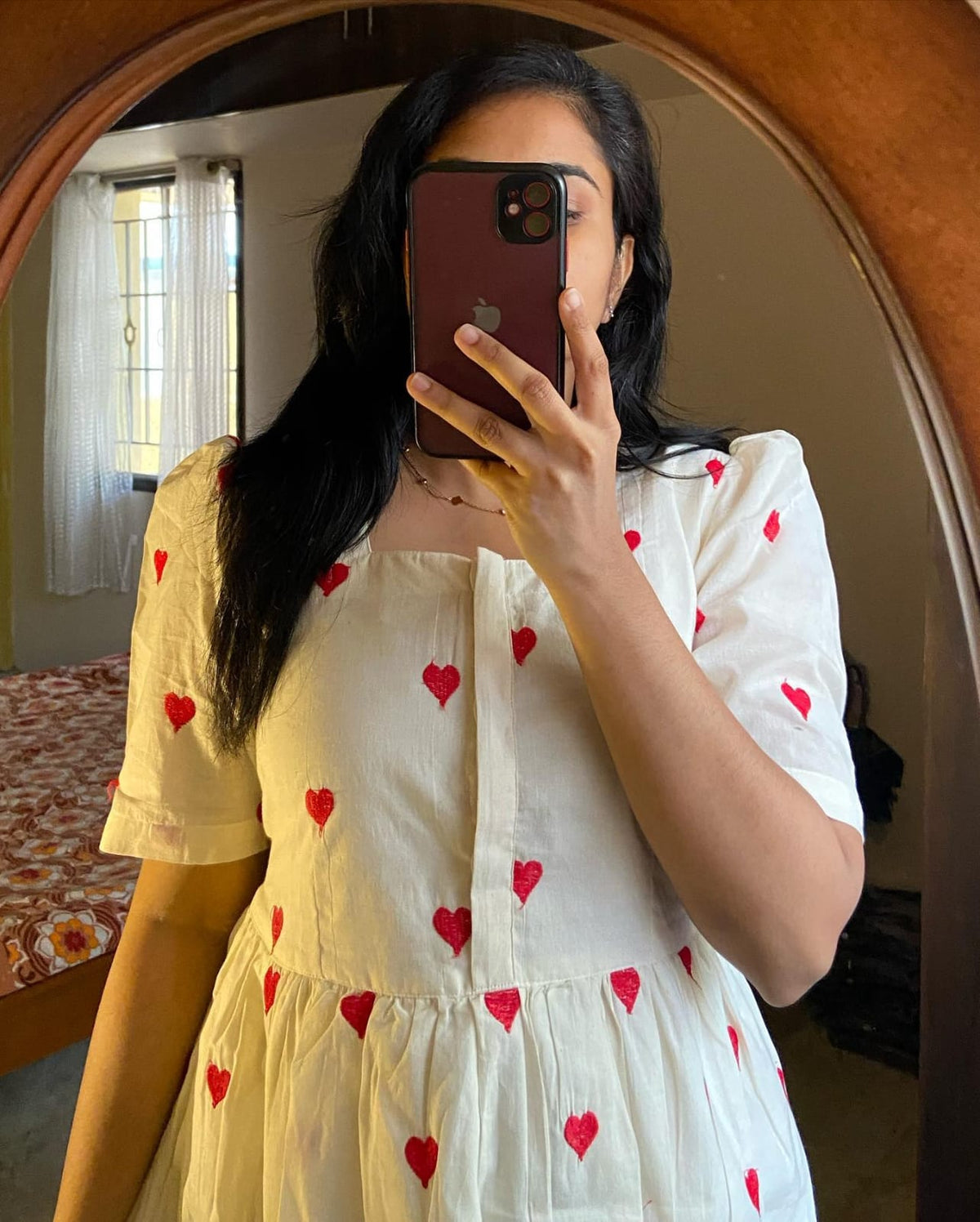 White Cotton Midi Dress with Red Embroidered Hearts and Puff Sleeves
