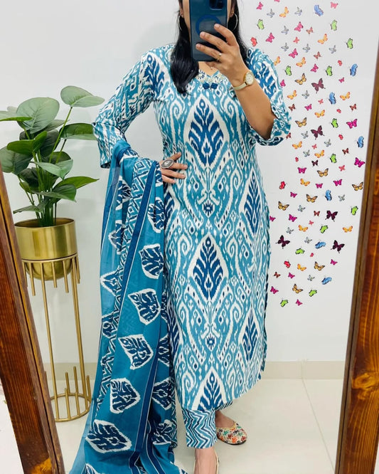 Teal Blue and White Ikat Print Straight Kurta Set with Dupatta