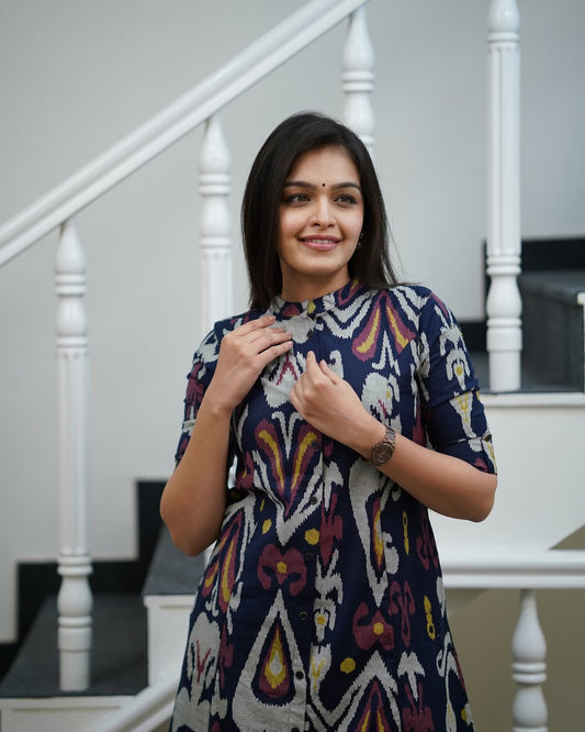 Navy Blue Ikat Print Straight Kurta Set with Mandarin Collar