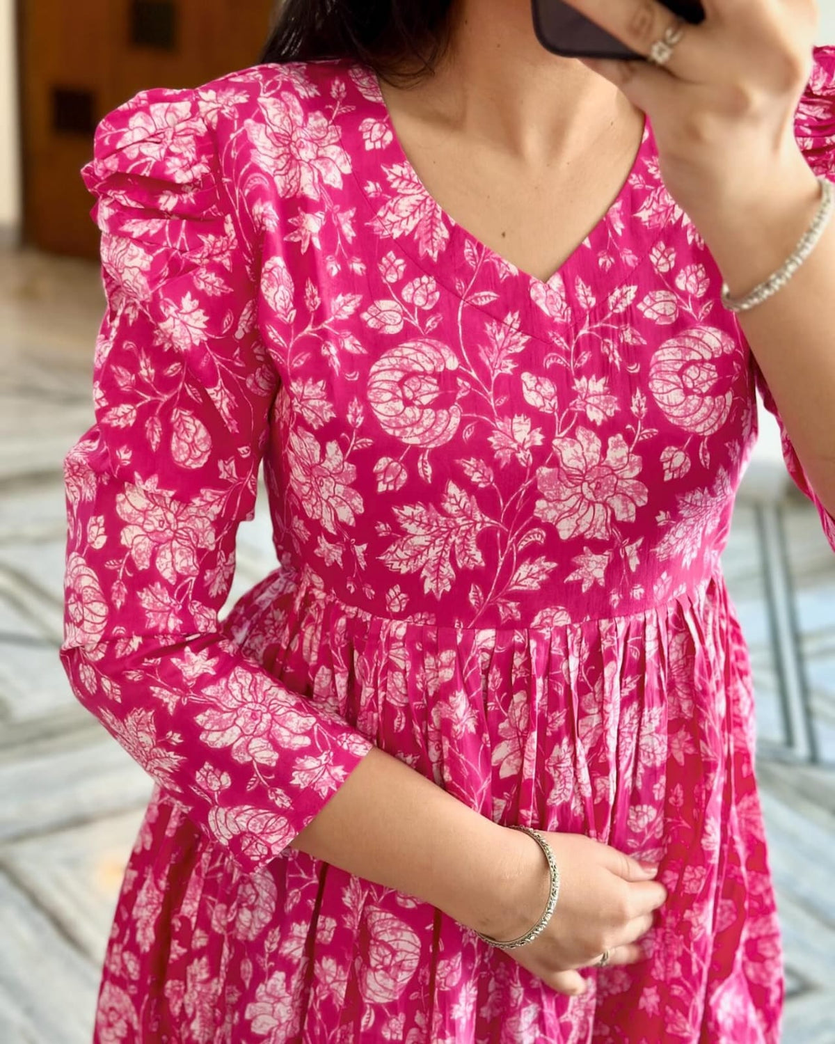 Fuchsia Pink Floral Print Gathered Flared Kurta with Puff Sleeves