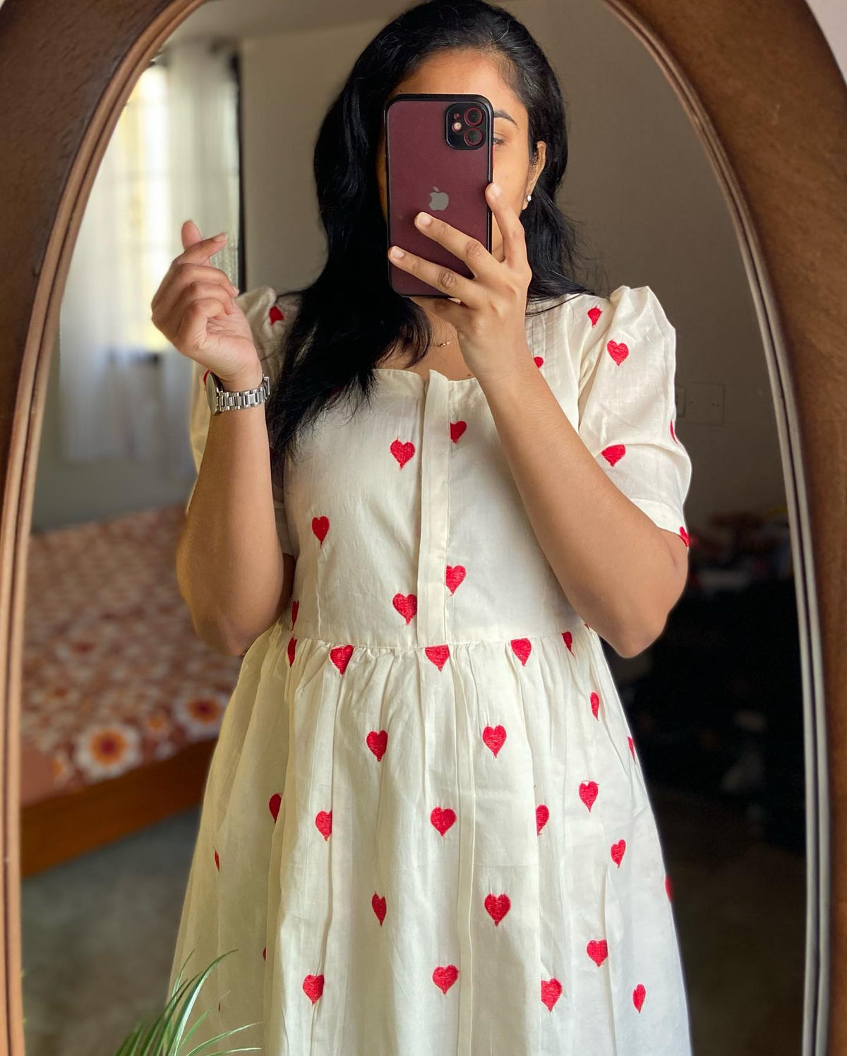 White Cotton Midi Dress with Red Embroidered Hearts and Puff Sleeves
