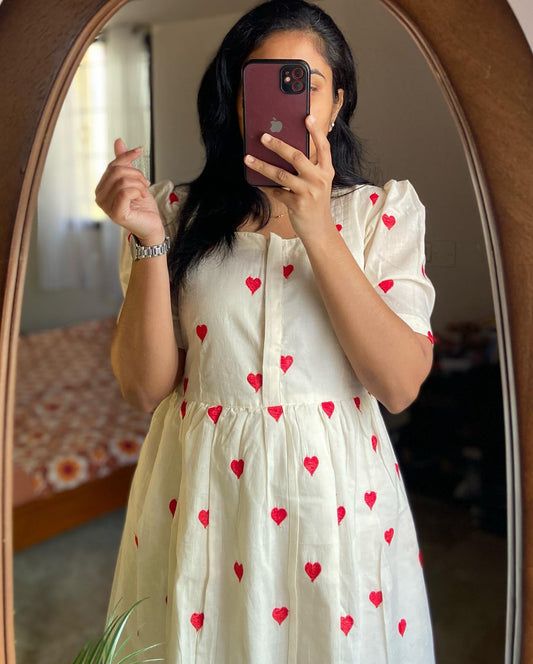 White Cotton Midi Dress with Red Embroidered Hearts and Puff Sleeves