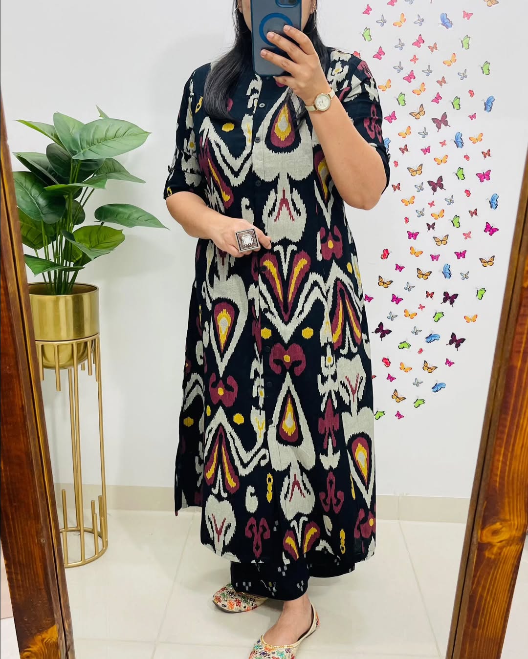 Navy Blue Ikat Print Straight Kurta Set with Mandarin Collar