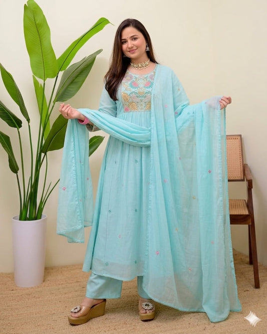 Women's Pastel Aqua Floral Embroidered Gathered Kurta Set with Dupatta