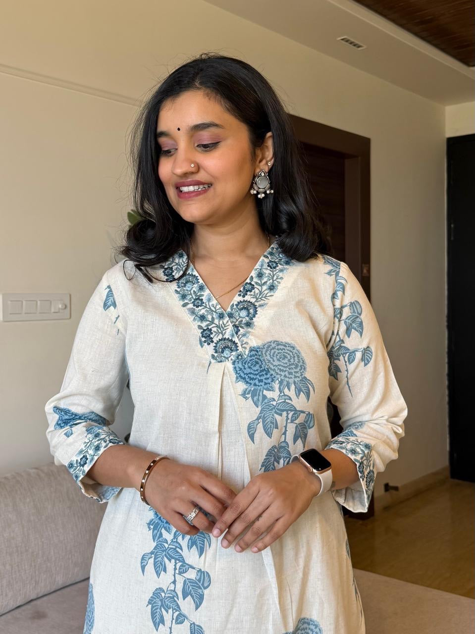 Women's Off-White and Blue Floral Block Print Kurta Set
