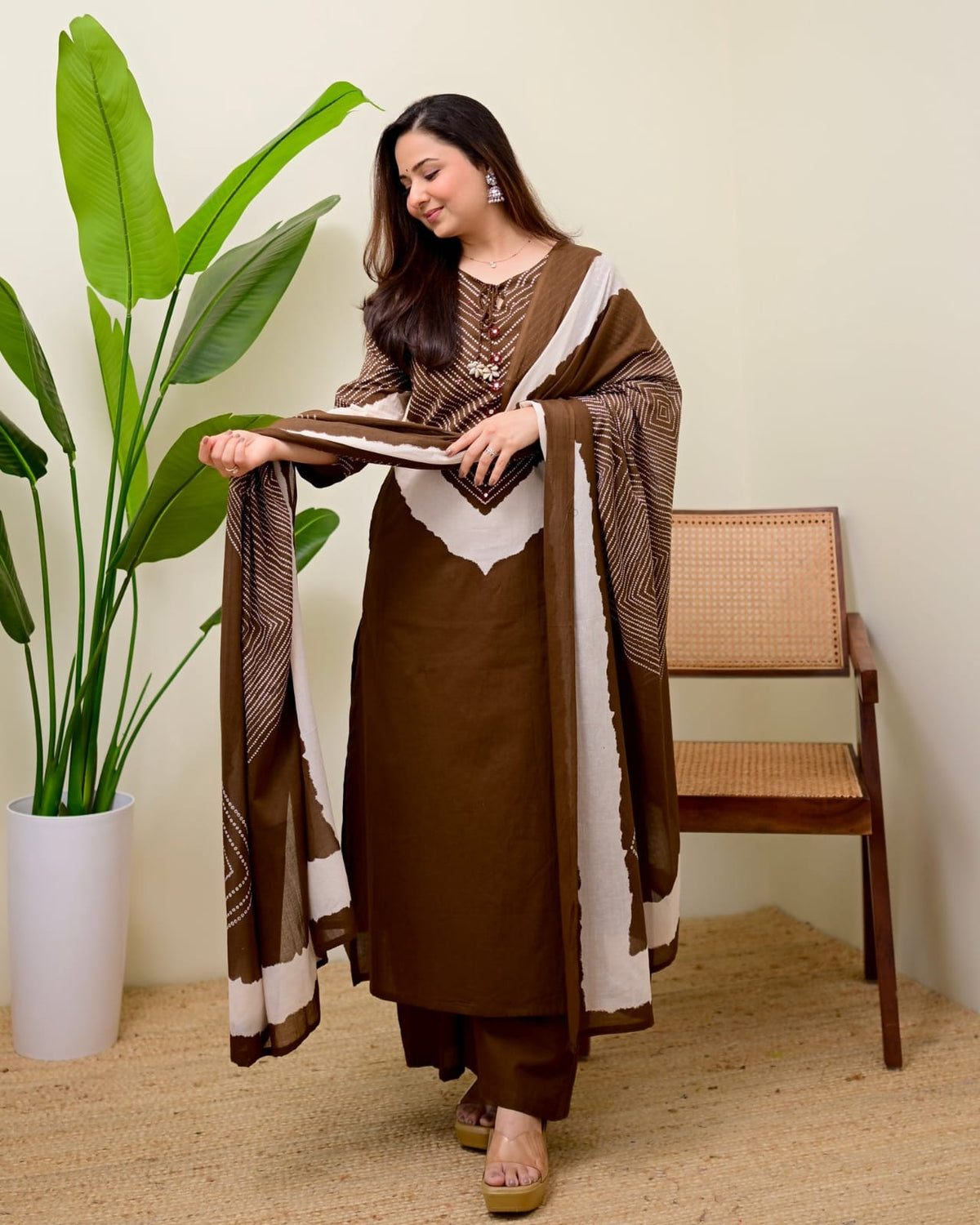 Women's Mocha Brown Chevron Print Straight Kurta Set with Cowrie Shell Detailing
