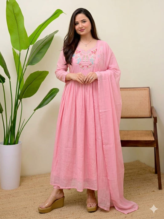 Women's Light Pink Floral Embroidered Gathered Anarkali Suit with Dupatta