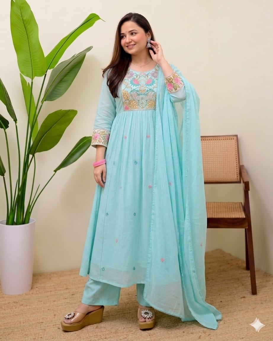 Women's Pastel Aqua Floral Embroidered Gathered Kurta Set with Dupatta