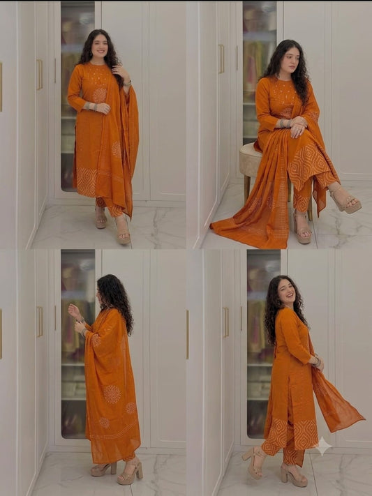 Women's Rust Orange Bandhani-Inspired Straight Kurta Set with Dupatta