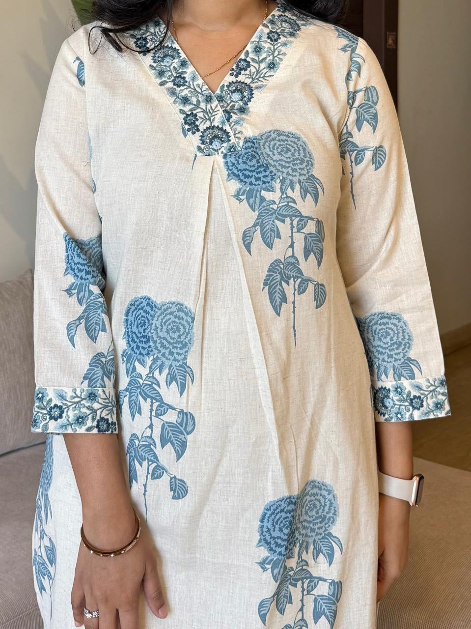 Women's Off-White and Blue Floral Block Print Kurta Set