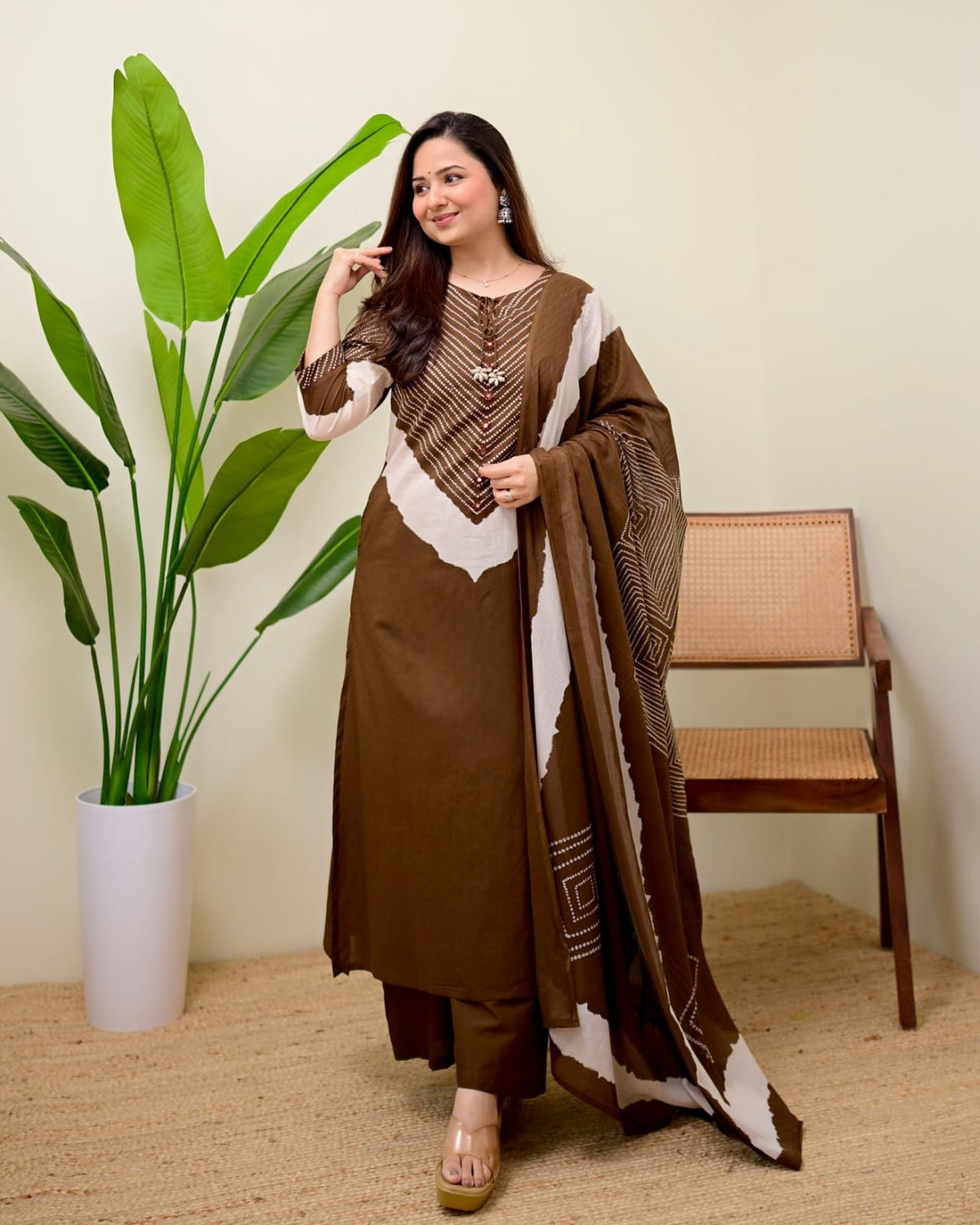 Women's Mocha Brown Chevron Print Straight Kurta Set with Cowrie Shell Detailing