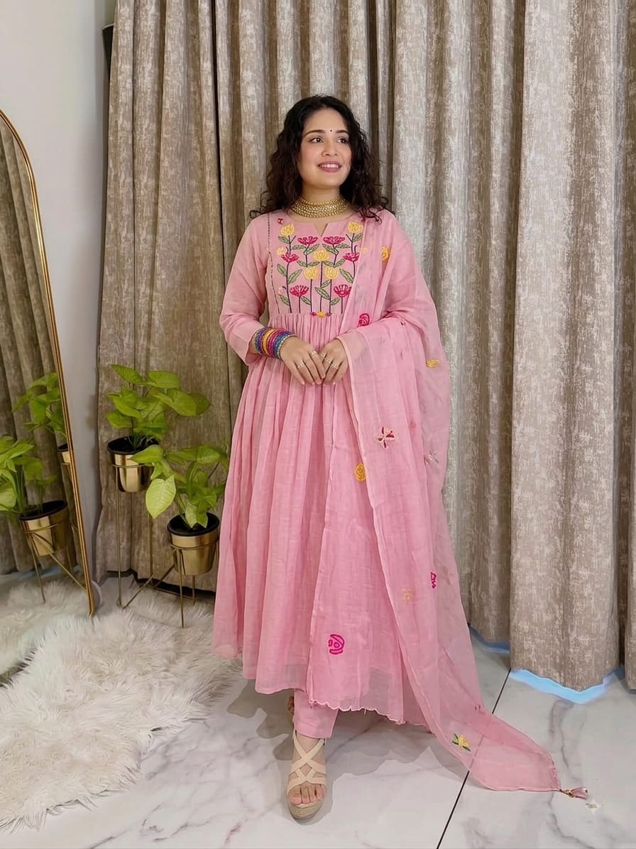 Women's Light Pink Floral Embroidered Gathered Anarkali Suit with Dupatta
