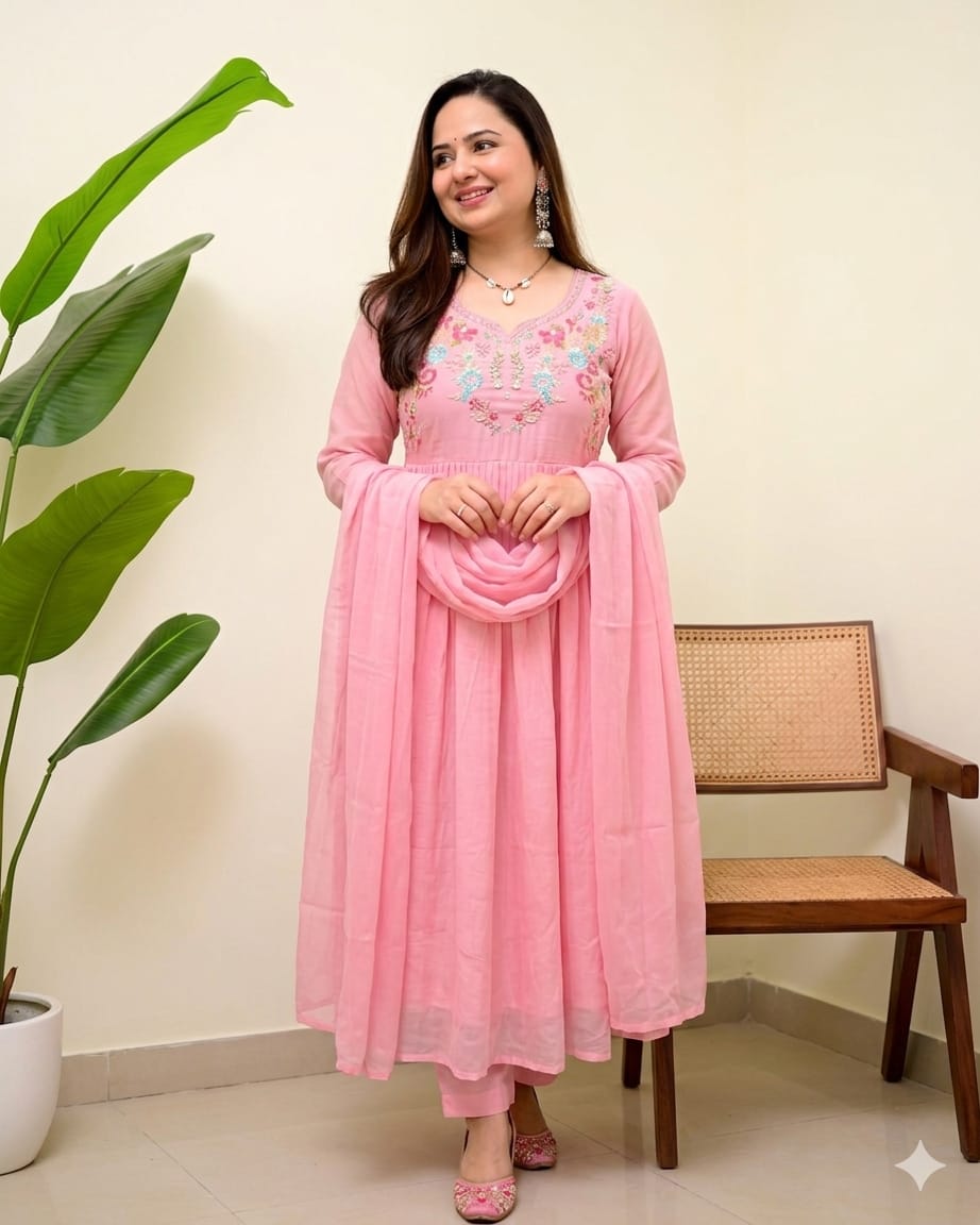 Women's Light Pink Floral Embroidered Gathered Anarkali Suit with Dupatta