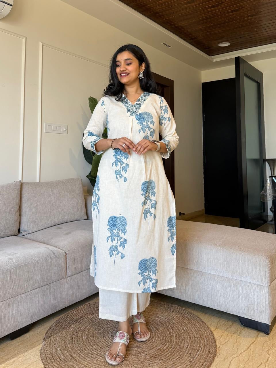Women's Off-White and Blue Floral Block Print Kurta Set