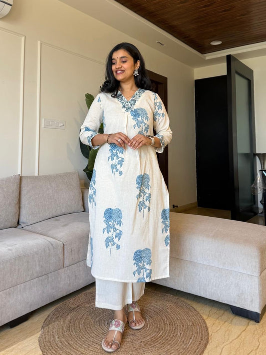 Women's Off-White and Blue Floral Block Print Kurta Set