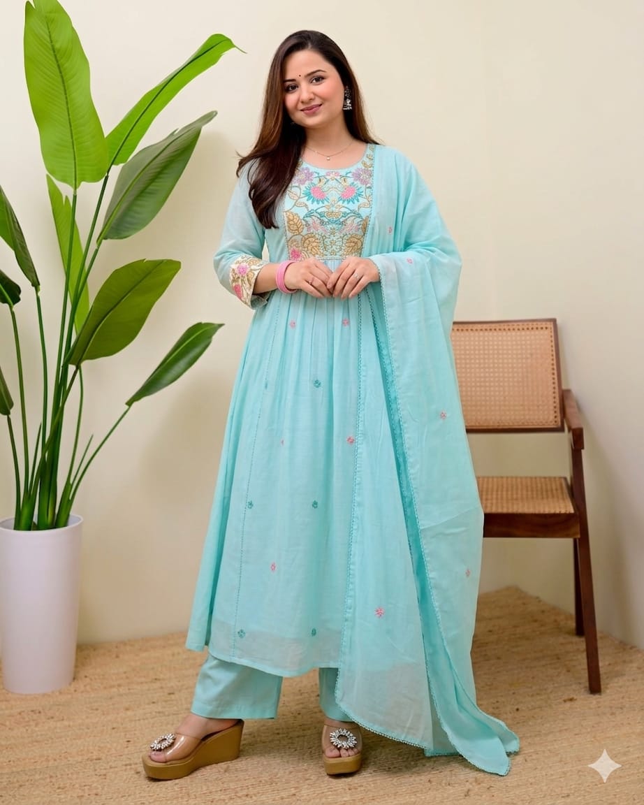 Women's Pastel Aqua Floral Embroidered Gathered Kurta Set with Dupatta