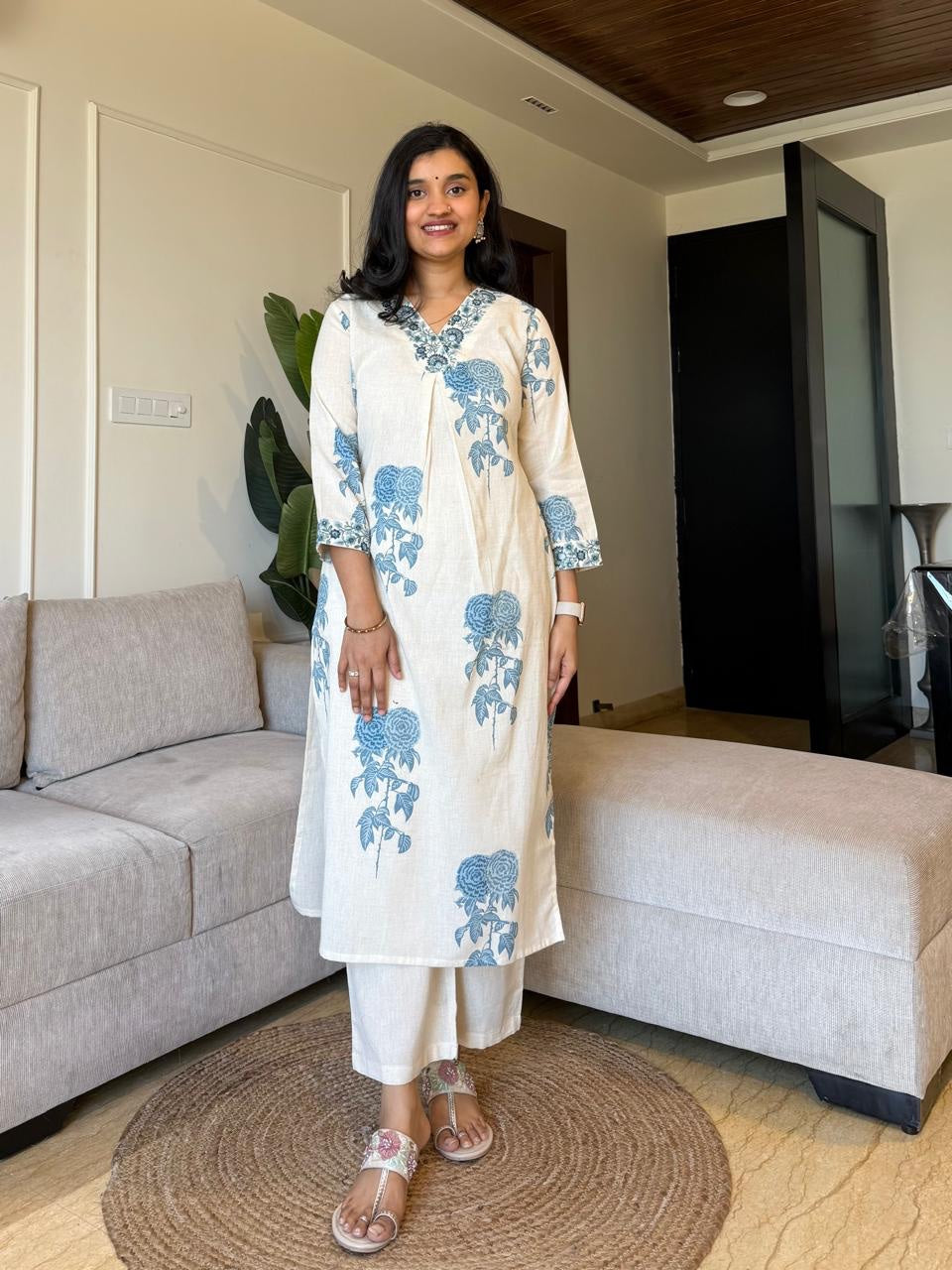 Women's Off-White and Blue Floral Block Print Kurta Set