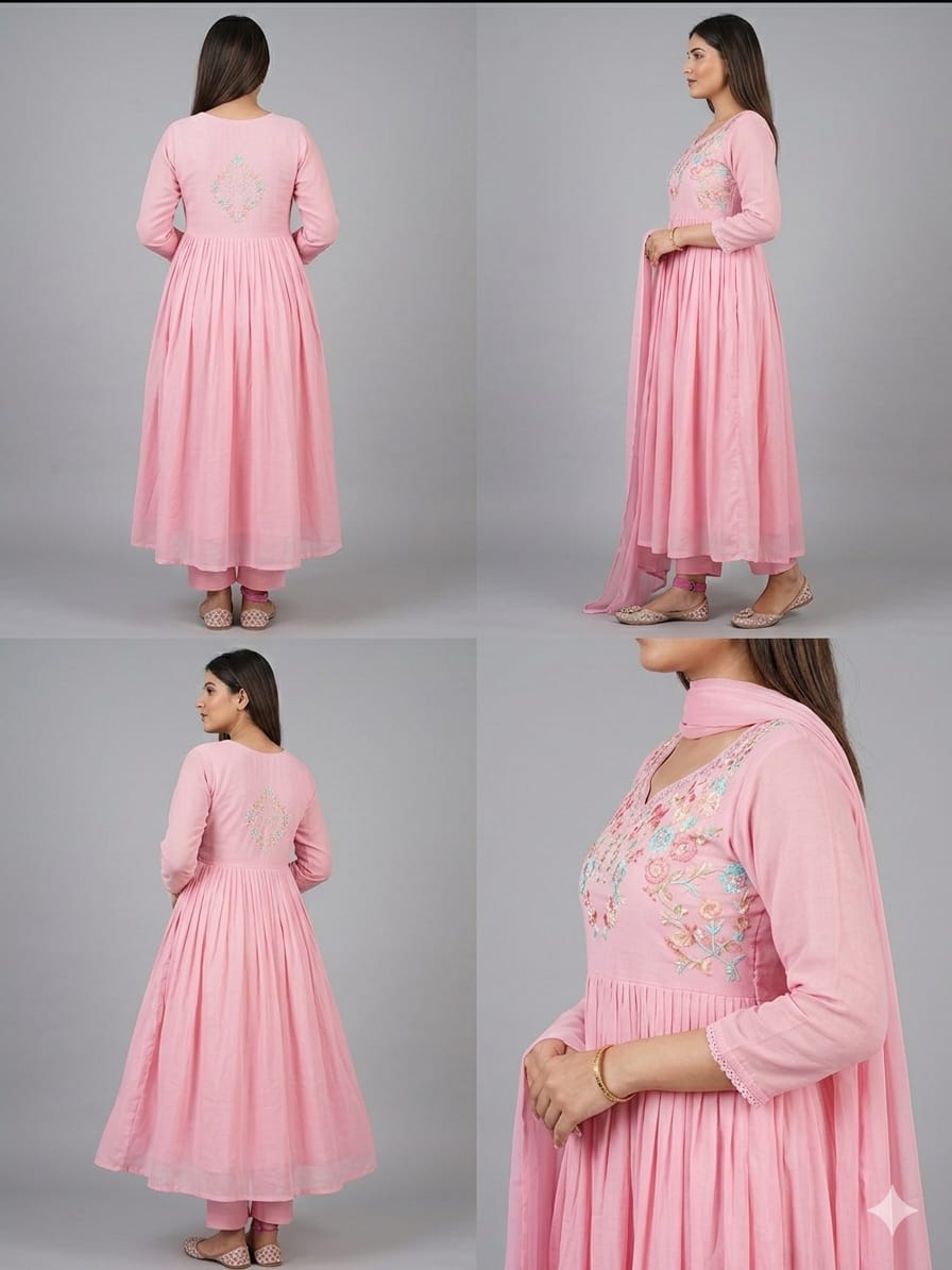Women's Light Pink Floral Embroidered Gathered Anarkali Suit with Dupatta