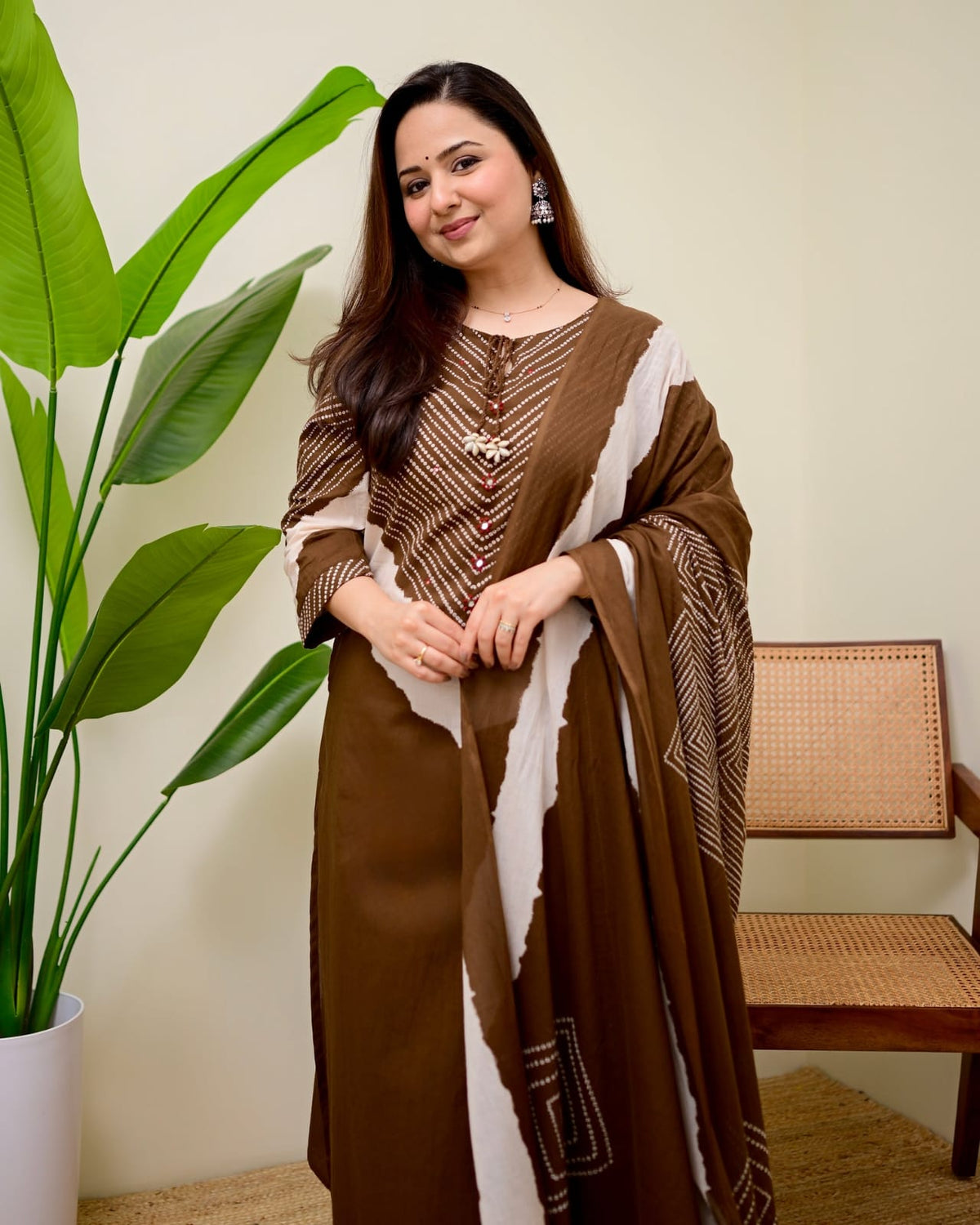 Women's Mocha Brown Chevron Print Straight Kurta Set with Cowrie Shell Detailing