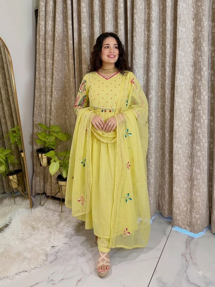 Women's Lemon Yellow Gathered Anarkali Suit with Embroidered Sleeves and Dupatta