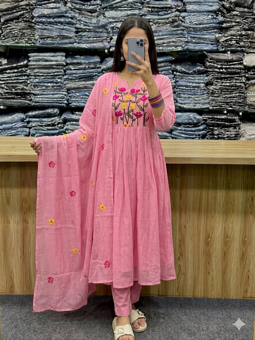 Women's Light Pink Floral Embroidered Gathered Anarkali Suit with Dupatta
