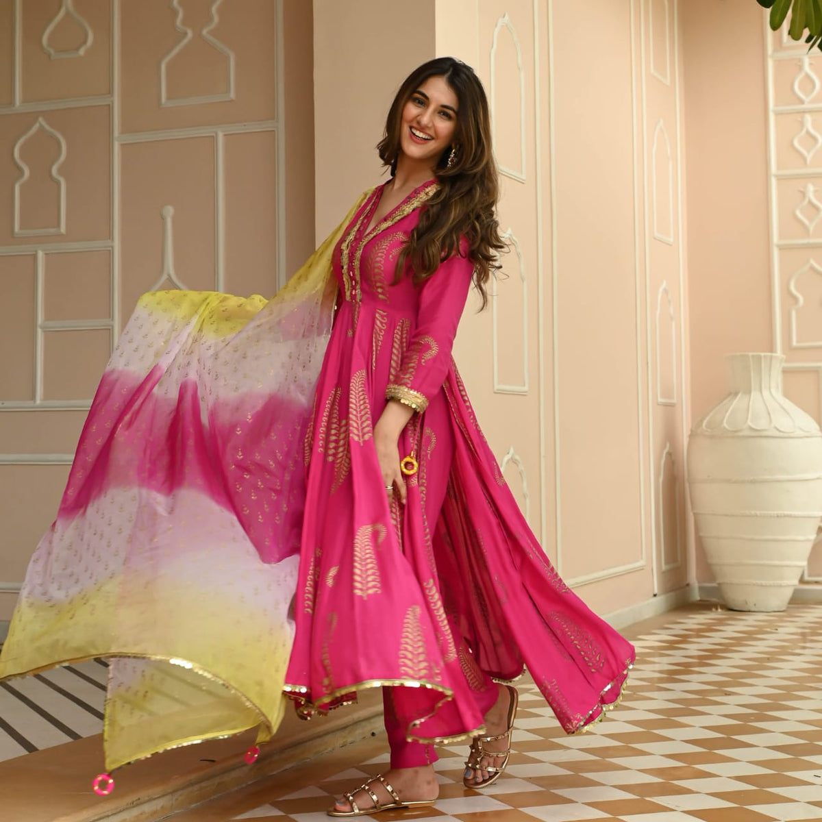 Women's Fuchsia Pink Gold Foil Print Anarkali Set with Ombré Dupatta