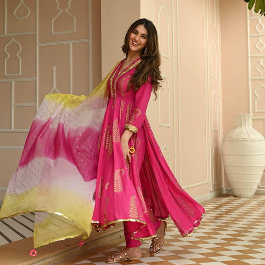 Women's Fuchsia Pink Gold Foil Print Anarkali Set with Ombré Dupatta