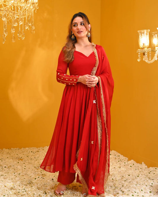 Women's Crimson Red Flared Anarkali Suit with Dupatta