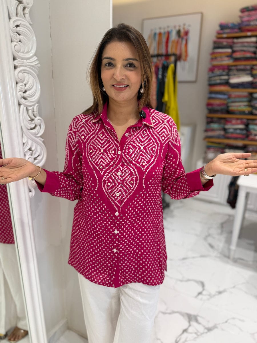 Women's Bandhani-Inspired Print Button-Down Tunic Shirt (Available in Multiple Colors)