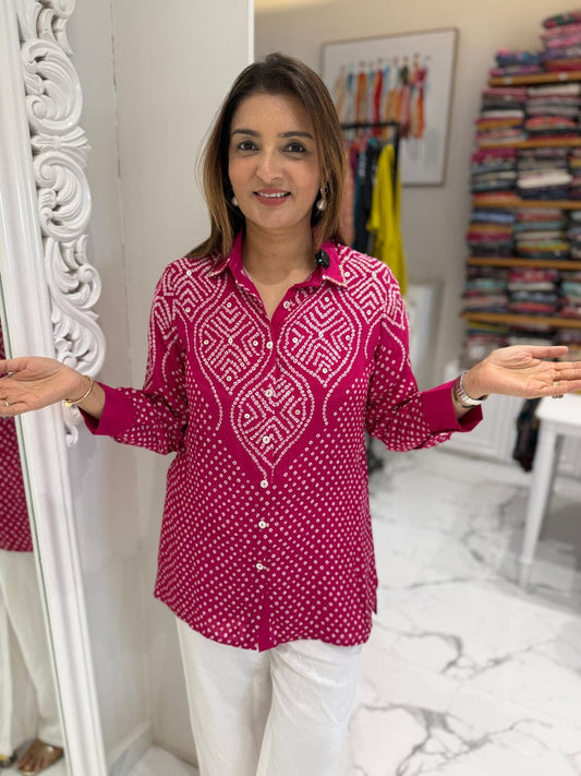 Women's Bandhani-Inspired Print Button-Down Tunic Shirt (Available in Multiple Colors)