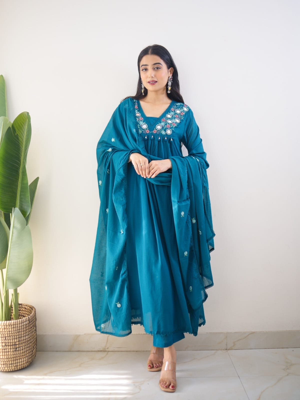 Women's Teal Blue Mirror-Work Gathered Kurta Set with Dupatta