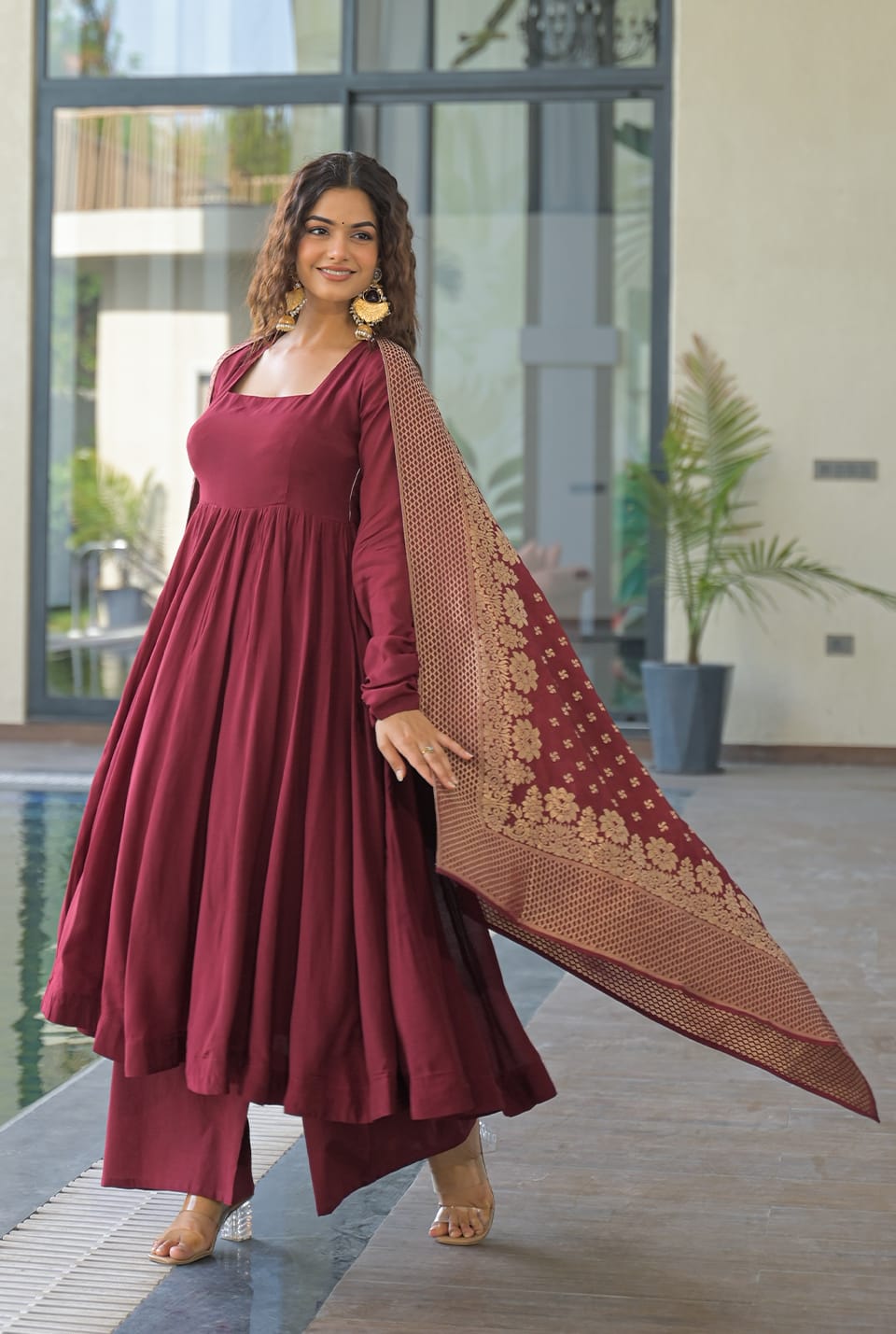 Women's Wine Maroon Square-Neck Flared Kurta Set with Banarasi Jacquard Dupatta
