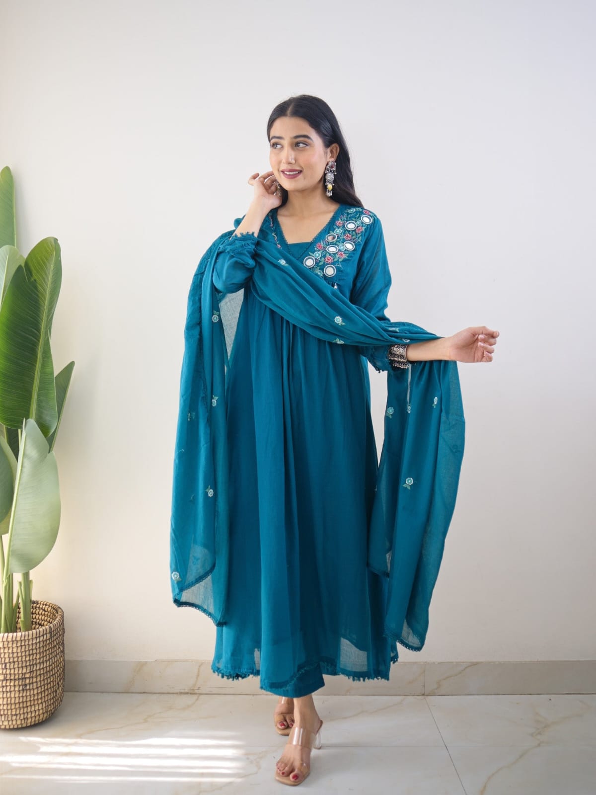 Women's Teal Blue Mirror-Work Gathered Kurta Set with Dupatta