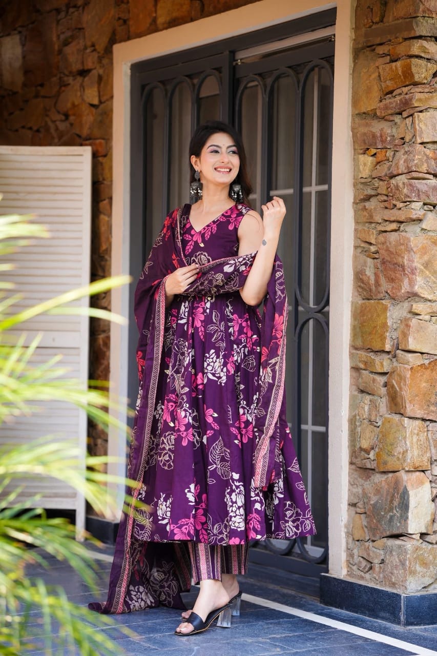Women's Deep Purple Floral Print Flared Kurta Set with Dupatta