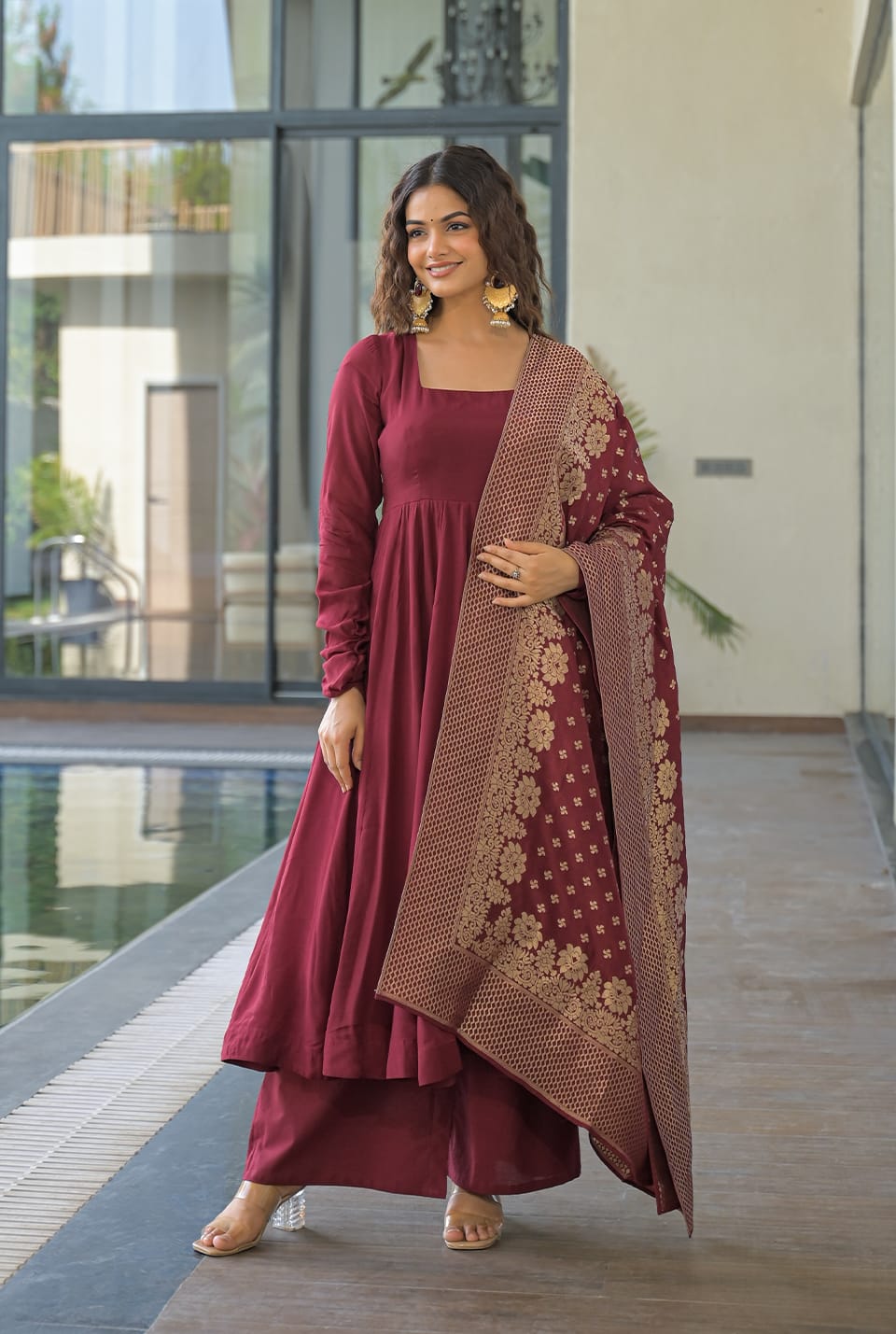Women's Wine Maroon Square-Neck Flared Kurta Set with Banarasi Jacquard Dupatta