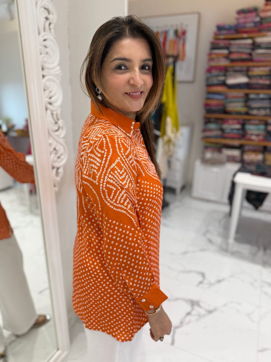 Women's Bandhani-Inspired Print Button-Down Tunic Shirt (Available in Multiple Colors)