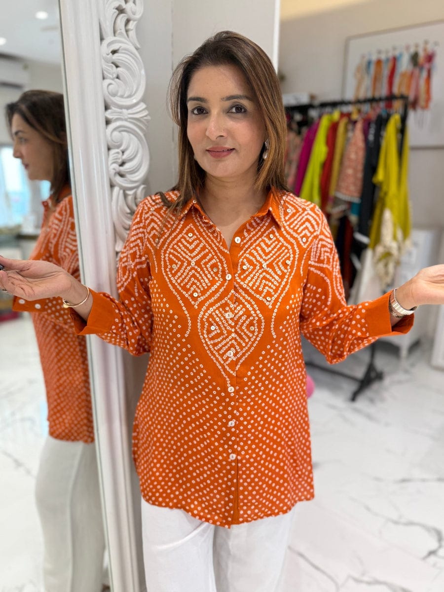 Women's Bandhani-Inspired Print Button-Down Tunic Shirt (Available in Multiple Colors)