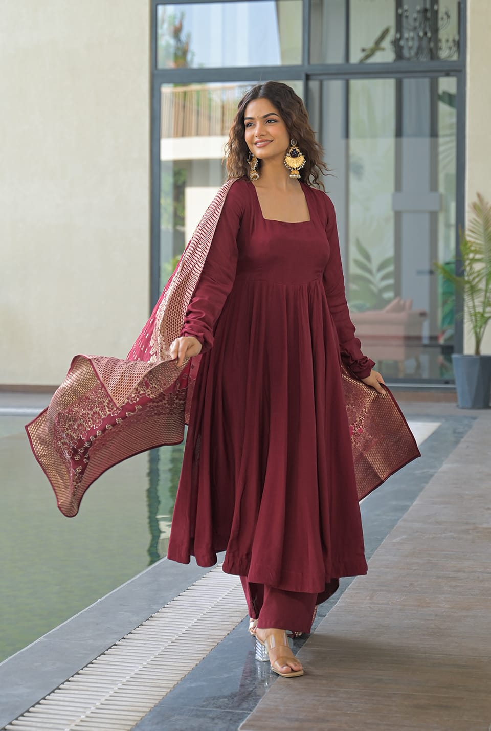 Women's Wine Maroon Square-Neck Flared Kurta Set with Banarasi Jacquard Dupatta