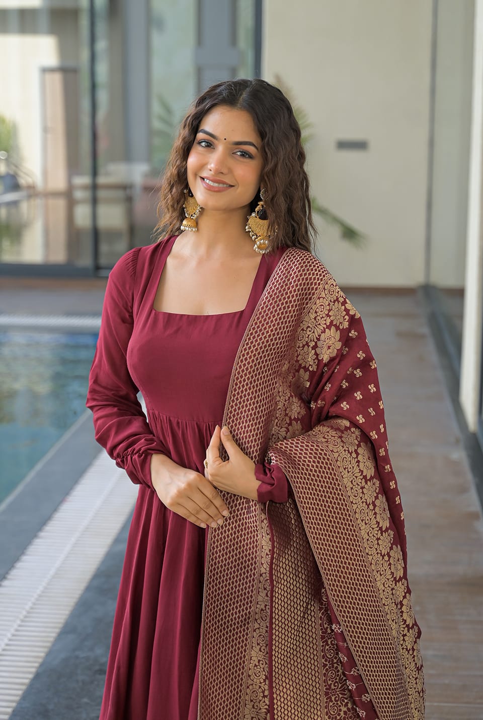 Women's Wine Maroon Square-Neck Flared Kurta Set with Banarasi Jacquard Dupatta