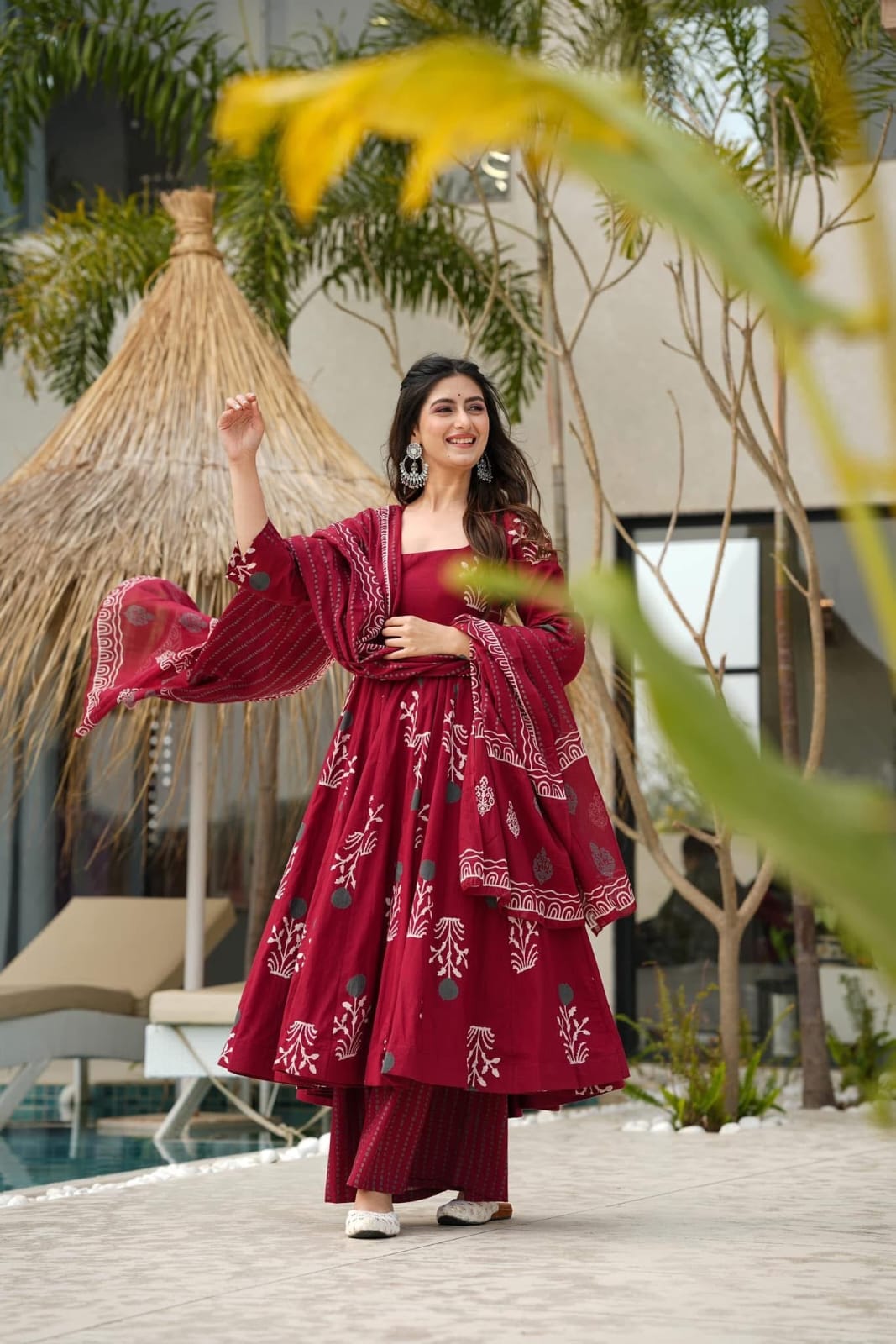 Women's Maroon Botanical Block Print Flared Kurta Set with Dupatta