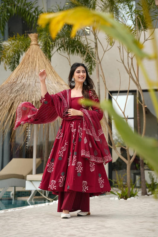 Women's Maroon Botanical Block Print Flared Kurta Set with Dupatta