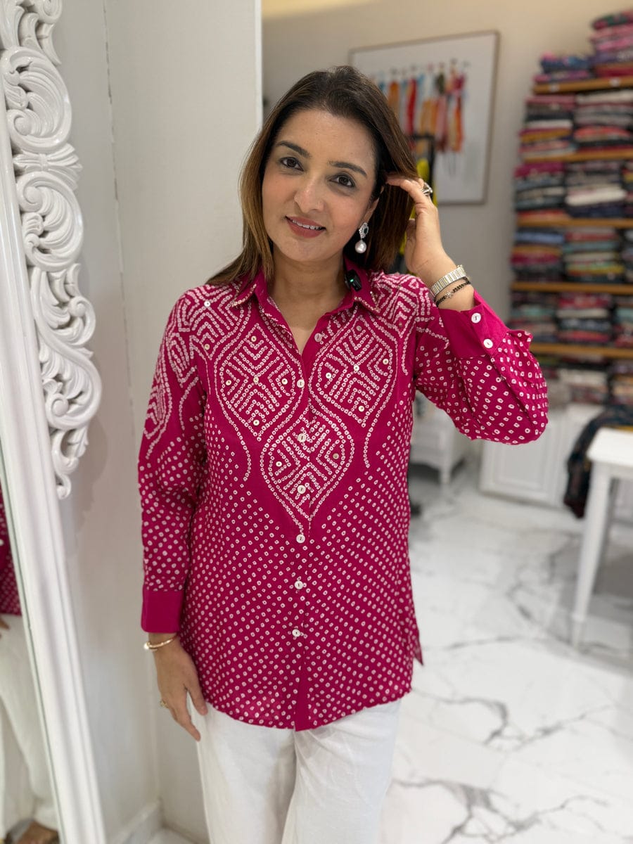 Women's Bandhani-Inspired Print Button-Down Tunic Shirt (Available in Multiple Colors)