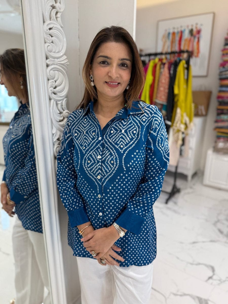 Women's Bandhani-Inspired Print Button-Down Tunic Shirt (Available in Multiple Colors)