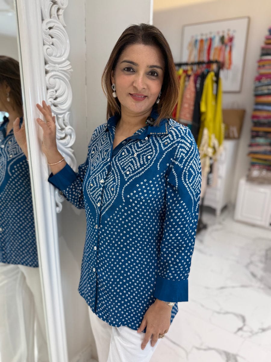Women's Bandhani-Inspired Print Button-Down Tunic Shirt (Available in Multiple Colors)