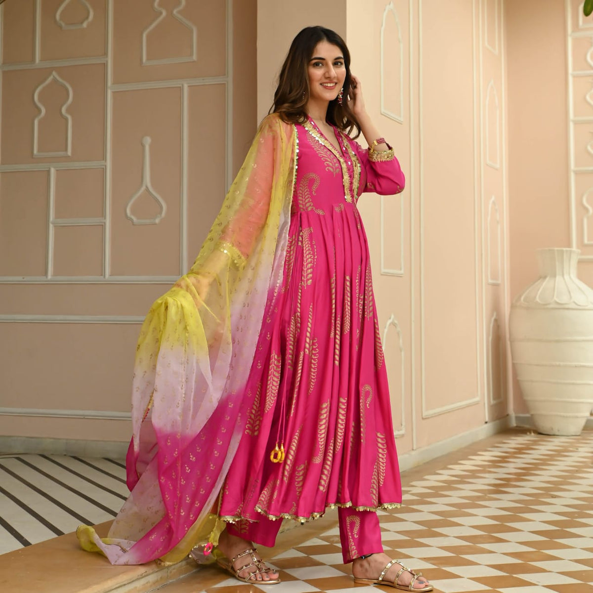 Women's Fuchsia Pink Gold Foil Print Anarkali Set with Ombré Dupatta