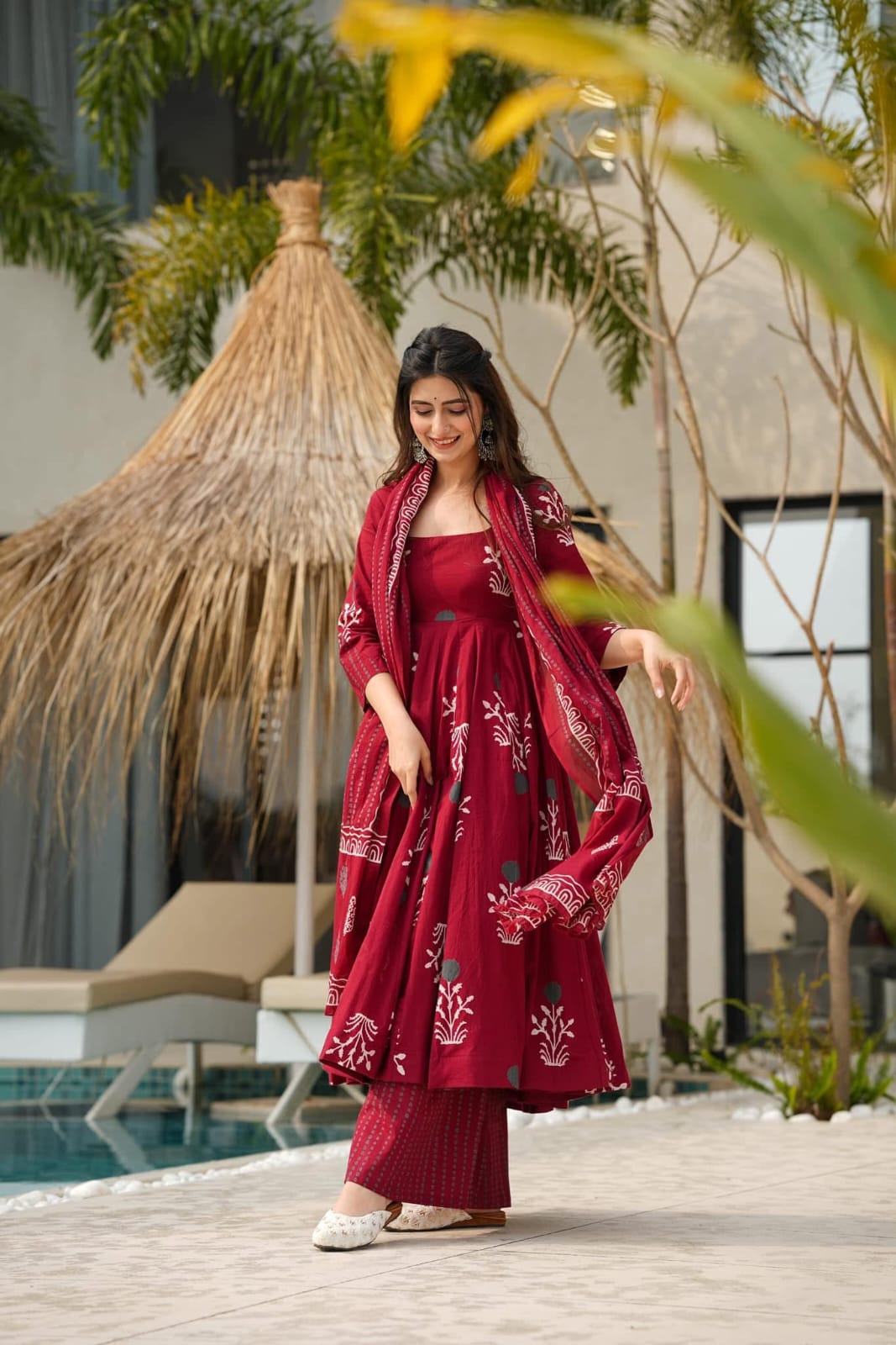 Women's Maroon Botanical Block Print Flared Kurta Set with Dupatta