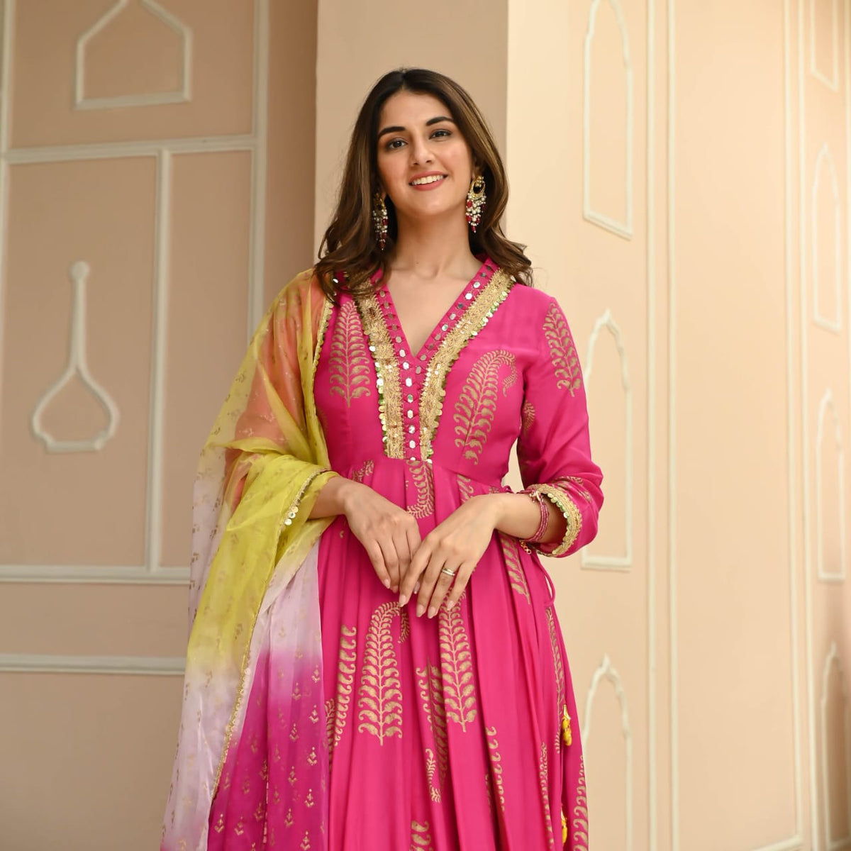 Women's Fuchsia Pink Gold Foil Print Anarkali Set with Ombré Dupatta